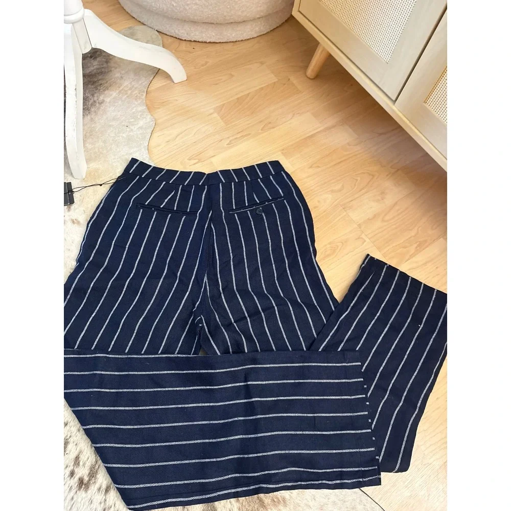REFORMATION NEW Navy Linen Striped Trouser Pants‎ Size 6
